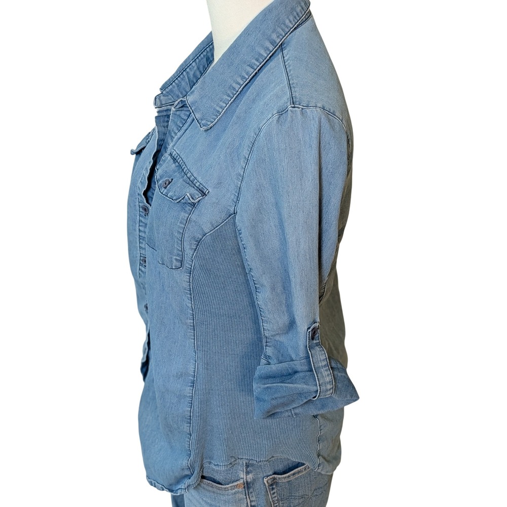 Cavalini Denim Collection Light Wash Ribbed Side Button Down Shirt Large TP168M - Picture 2 of 7